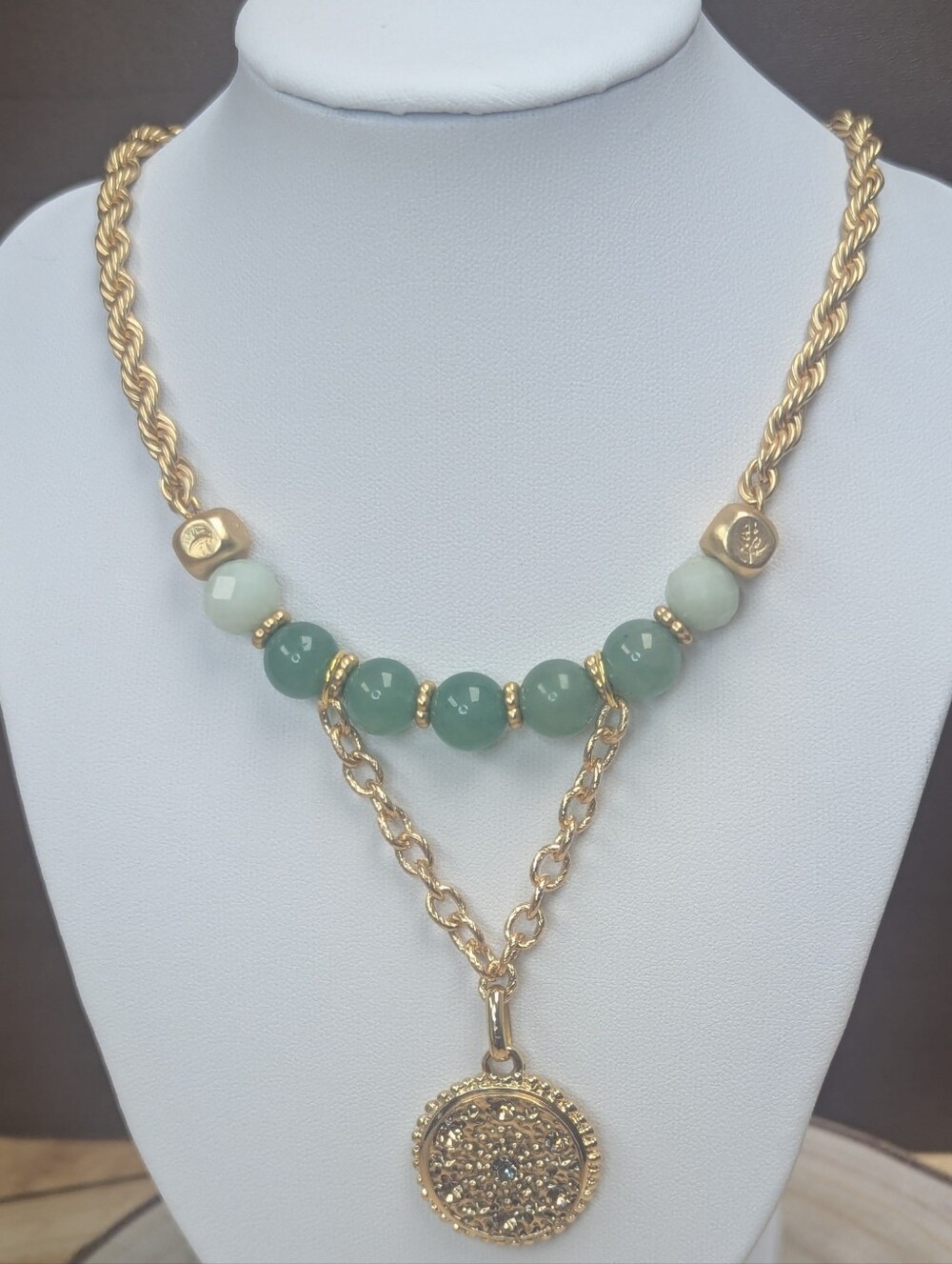 Green Aventurine Amazonite Medallion Necklace Adjustable Gemstone Necklace Gold - Picture 2 of 5